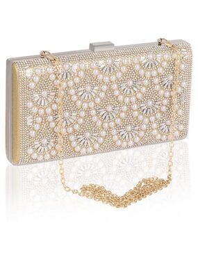 Rhinestone Satin Evening Clutch with Detachable Chains - Party Handbag